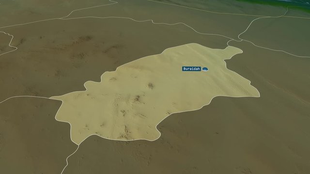 Al Quassim - region of Saudi Arabia with its capital zoomed on the physical map of the globe. Animation 3D