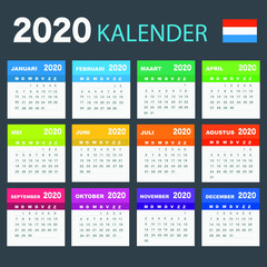 Calendar 2020 in Dutch language, week starts on Monday. Vector calendar 2020 year.