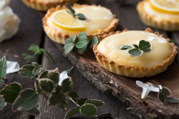lemon custard tartalets with flowers on the bark of tree
