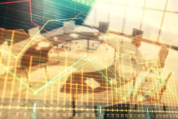 Double exposure of forex chart on conference room background. Concept of stock market analysis