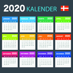 Calendar 2020 in Danish language, week starts on Monday. Vector calendar 2020 year.