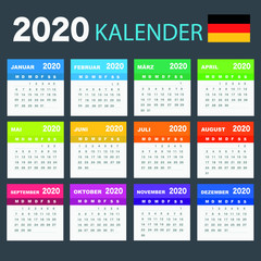 Calendar 2020 in German language, week starts on Monday. Vector calendar 2020 year.