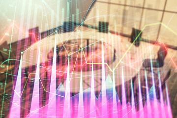 Multi exposure of stock market graph on conference room background. Concept of financial analysis