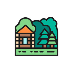 Forest house and nature landscape flat color line icon.