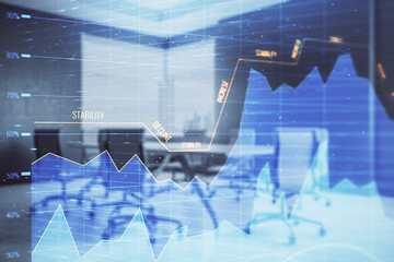 Multi exposure of stock market graph on conference room background. Concept of financial analysis