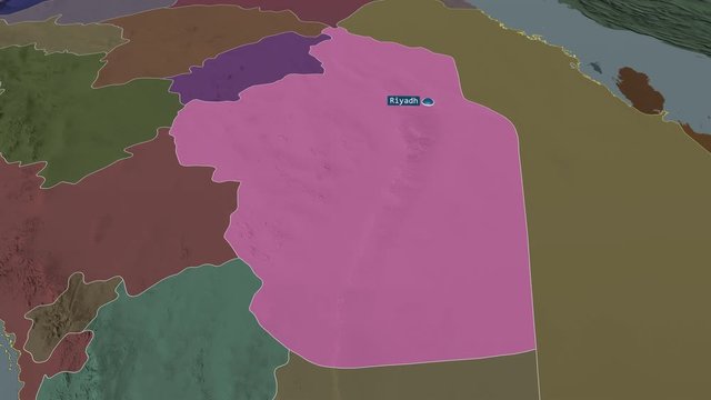 Ar Riyad - region of Saudi Arabia with its capital zoomed on the administrative map of the globe. Animation 3D