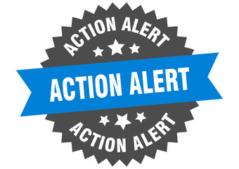 action alert sign. action alert blue-black circular band label