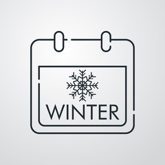 Icono plano lineal calendario con texto winter y copo de nieve en fondo gris