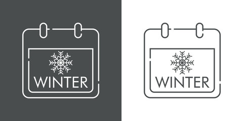 Icono plano lineal calendario con texto winter y copo de nieve en gris y blanco