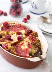 Homemade baked bread pudding on the table