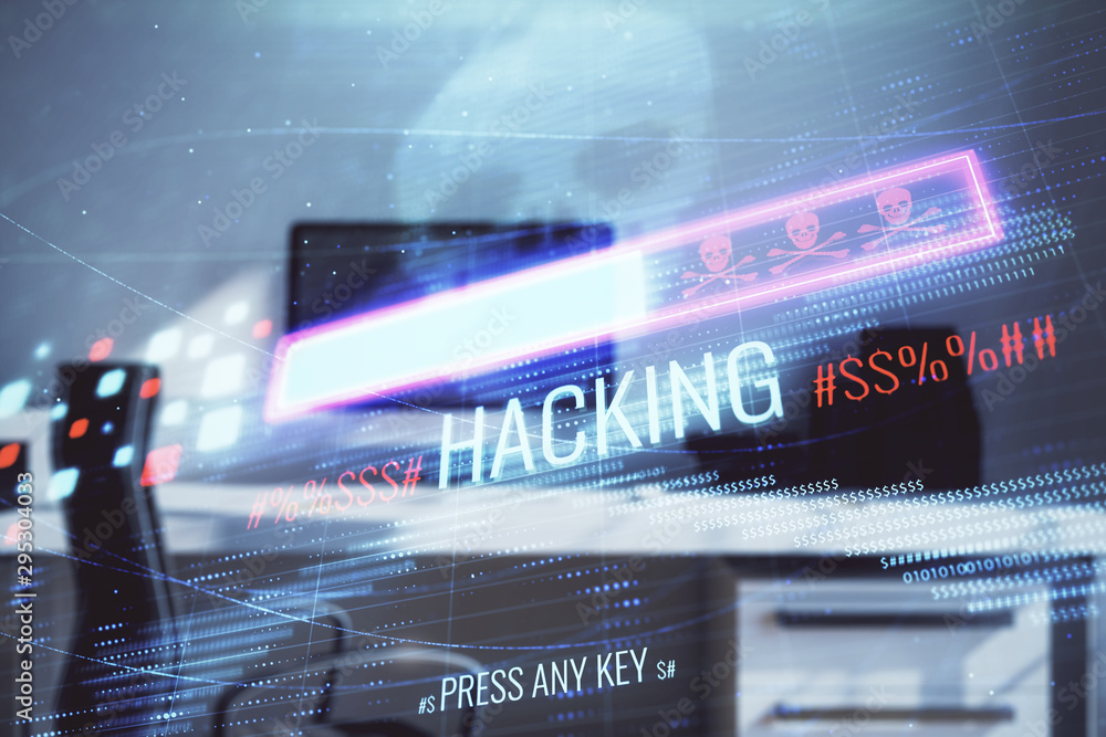 Poster hacking theme hologram with desktop office background. double exposure.
