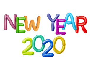 Inscription New Year 2020 made of colored plasticine letters on white background