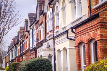 Typical row of British terraced brick houses