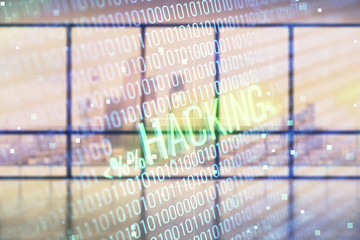Double exposure of hacking theme drawings hologram on empty room interior background. Data security...
