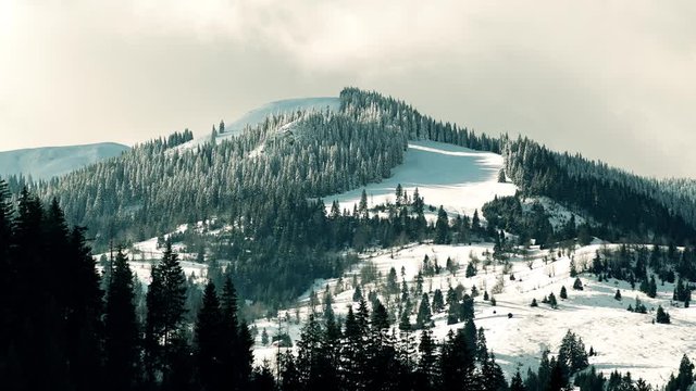 Truely amazing winter landscape with a mountain peak and snow covered pine trees in timelapse