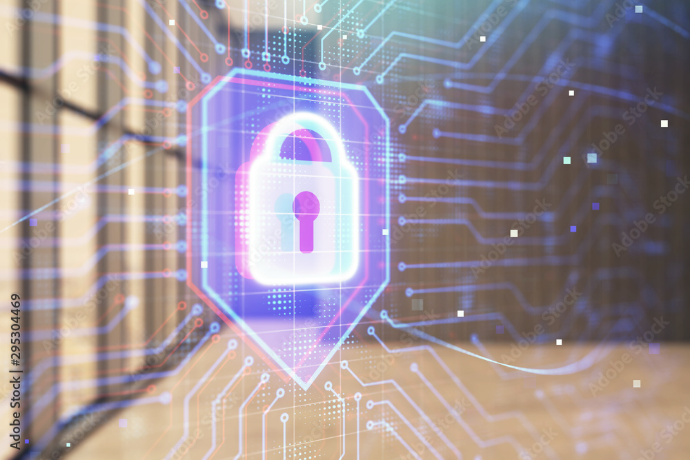 Poster double exposure of lock icon hologram on empty room interior background. data security concept.