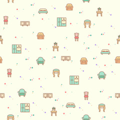 colorful furniture and interior seamless pattern. Collection Of sofa, couch, chair, stool, wardrobe and more. Template for design fabric, backgrounds, wrapping paper.