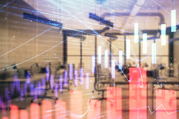 Stock and bond market graph with trading desk bank office interior on background. Multi exposure. Concept of financial analysis