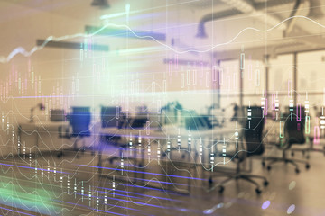 Stock and bond market graph with trading desk bank office interior on background. Multi exposure....