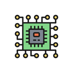 CPU microprocessor, computer chip flat color line icon.