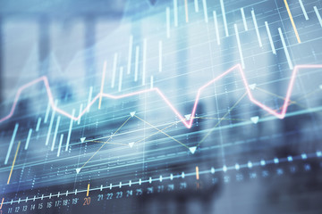 Stock and bond market graph with trading desk bank office interior on background. Multi exposure. Concept of financial analysis