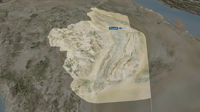 Ar Riyad - region of Saudi Arabia with its capital zoomed on the satellite map of the globe. Animation 3D