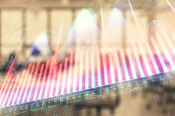 Stock and bond market graph with trading desk bank office interior on background. Multi exposure. Concept of financial analysis