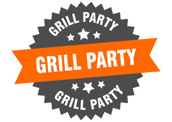 grill party sign. grill party orange-black circular band label