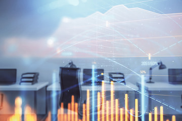 Fototapeta premium Stock and bond market graph with trading desk bank office interior on background. Multi exposure. Concept of financial analysis