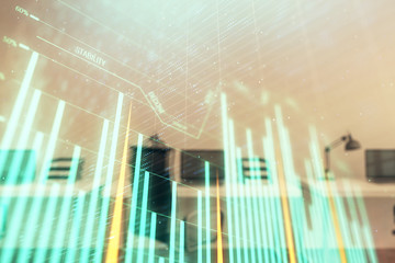 Stock and bond market graph with trading desk bank office interior on background. Multi exposure. Concept of financial analysis