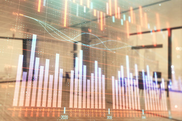Stock and bond market graph with trading desk bank office interior on background. Multi exposure. Concept of financial analysis