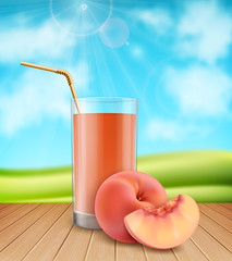 3d realistic glass of peach juice with fresh peaches on nature background