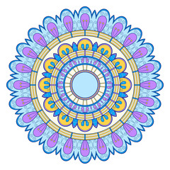 Decorative colorful ethnic mandala pattern. Design element for greeting card, banner or poster in oriental style. Hand drawn illustration