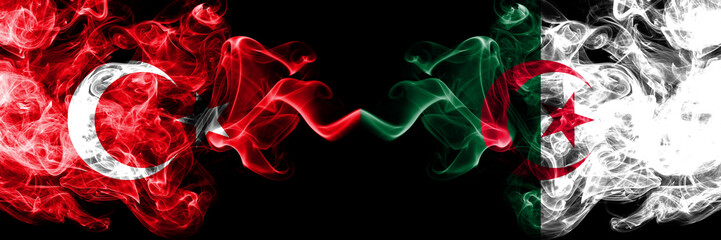 Turkey vs Algeria, Algerian smoke flags placed side by side. Thick colored silky smoke flags of...