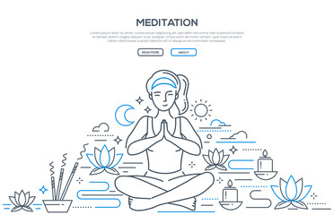 Meditation practices linear landing page vector template