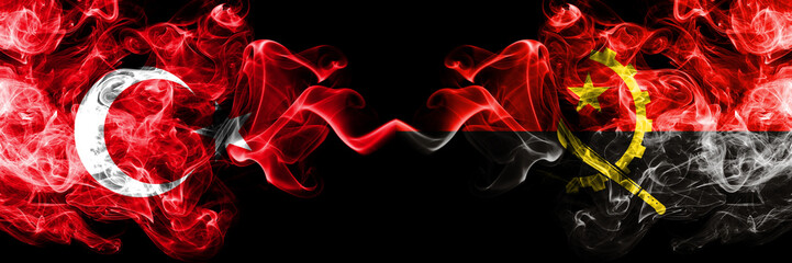Turkey vs Angola, Angolan smoke flags placed side by side. Thick colored silky smoke flags of...