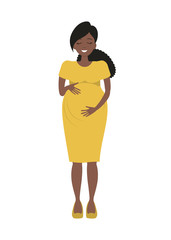 Cute pregnant woman in yellow dress isolated on a white background. A smiling black woman holds her hands on her stomach. Vector illustration