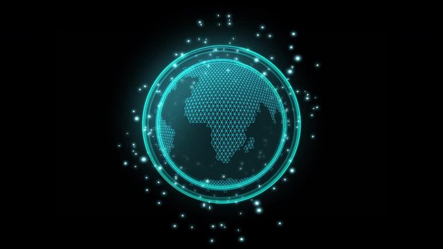 3D Flat style Triangle earth map rotation with searching symbol, with neon light and bokeh move around the world ,concept for sci-fi technology ,Use transparent effect for layer , Uhd footage