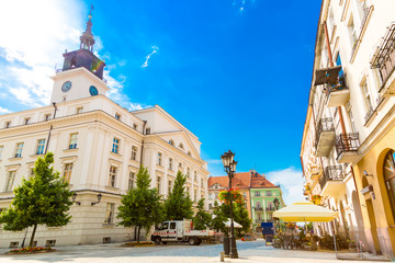 Naklejka premium Old town square and town hall building in city of Kalisz, Poland