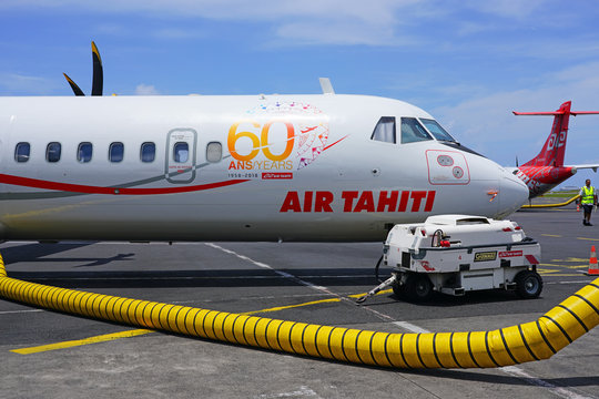 PAPEETE, TAHITI -10 DEC 2018- View of  an ATR regional jet airplane from the Air Tahiti airline (VT) at the the Tahiti Fa'a'a International Airport (PPT) on the island of Tahiti in French Polynesia.
