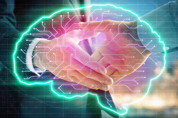 Double exposure of human brain drawing on city view background with handshake. Concept of brainstorm