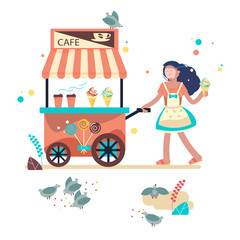 Fast food ice cream cart. Selling ice cream. Girl selling ice cream. cartoon set