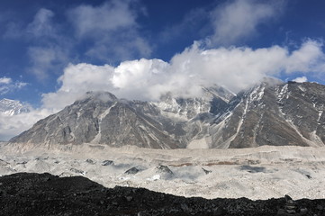 Panorama of the Himalayas. The tops of the mountains. Trekking to Gokyo Mountain. Rocky mountains dug in by snow and ice.