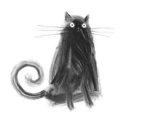 black cute crazy cat on white background. Hand drawn illustration