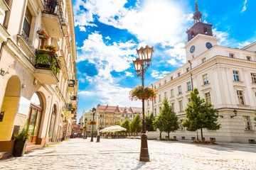 Old town square and town hall building in city of Kalisz, Poland