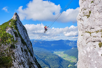 Via ferrata Donnerkogel Intersport Klettersteig in the Austrian Alps, near Gosau. Stairway to...