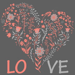 Flowers heart inscription love vector illustration hand drawing