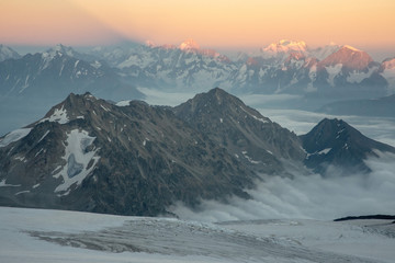 view of the main Caucasian ridge from the slopes of the highest peak in Europe, Mount Elbrus