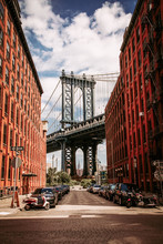 Manhattan bridge seen from a Washington Street in Brooklyn