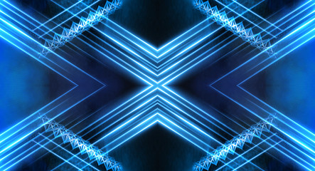 Abstract light tunnel, blue background, stage, portal with rays, neon lights and spotlights. Dark empty scene with neon. Symmetric reflection, perspective. 3D rendering.
